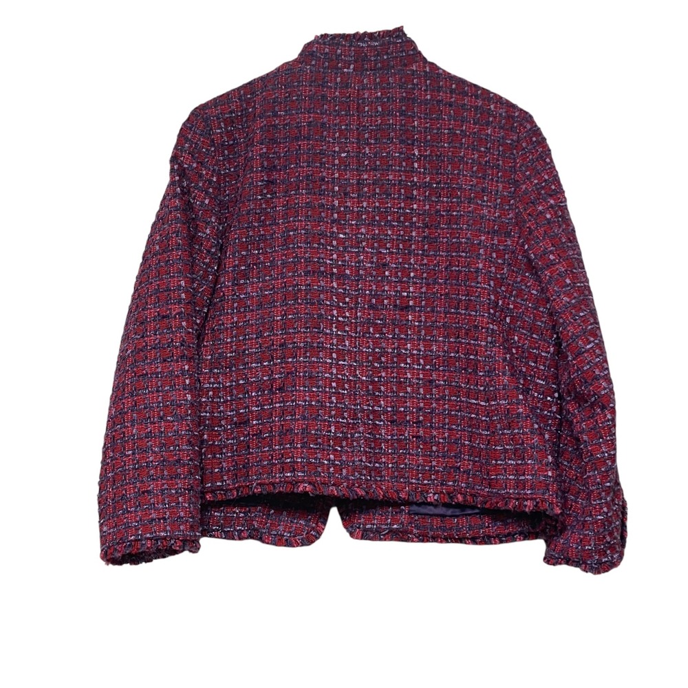 Talbots Petite Red Purple Tweed Jacket Gold Crest Button Frayed Trim Blazer 12P - Picture 3 of 7